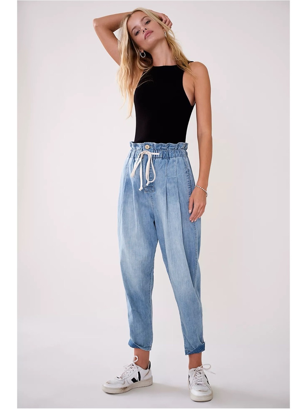 Free People Margate Pleated Denim Paperbag Trouser Seaside Blue Denim Small